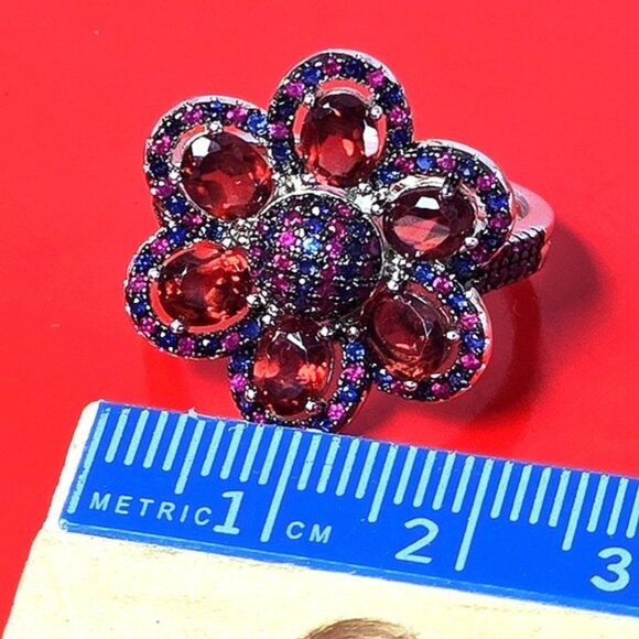 925 Sterling Silver Flower Ring Sz 7.75 with Natural Garnet, Ruby, Sapphire Gems - Picture 3 of 9